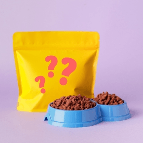 Plain yellow bag of dog food with three question marks on and a bowl of kibble